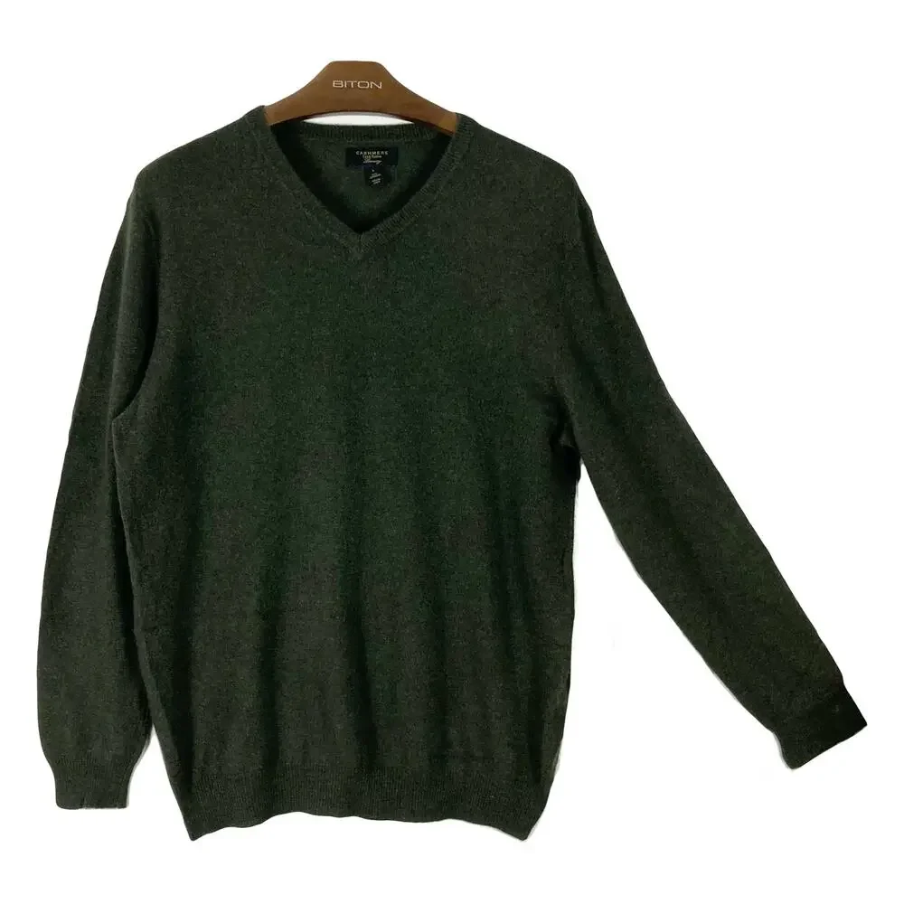 NWOT CASHMERE CLUB ROOM LUXURY Sweater Men L Cashmere Green V-Neck Ribbed Trim